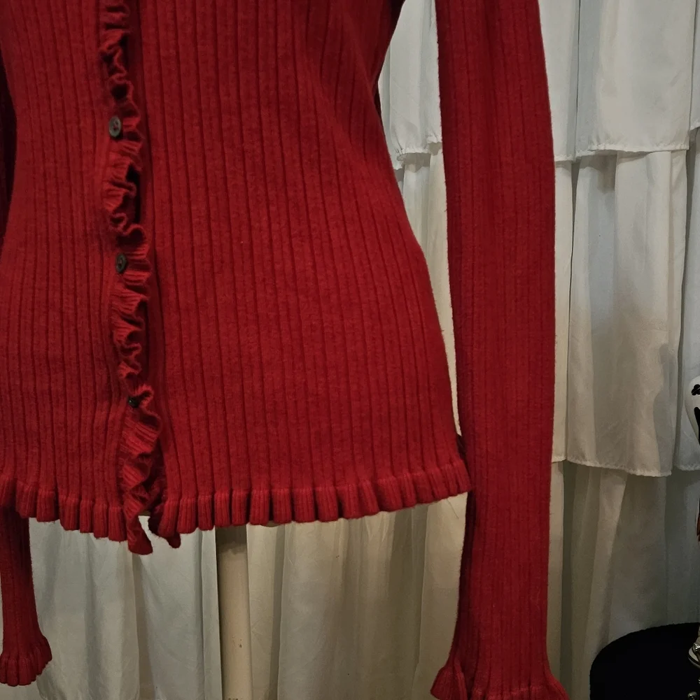 Chic Red Ribbed Ruffle Cardigan Sweater - Picture 3 of 5